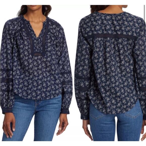Veronica Beard Navy Floral Kent Long Sleeved Marine Blue Top Sz 2 - Picture 2 of 8